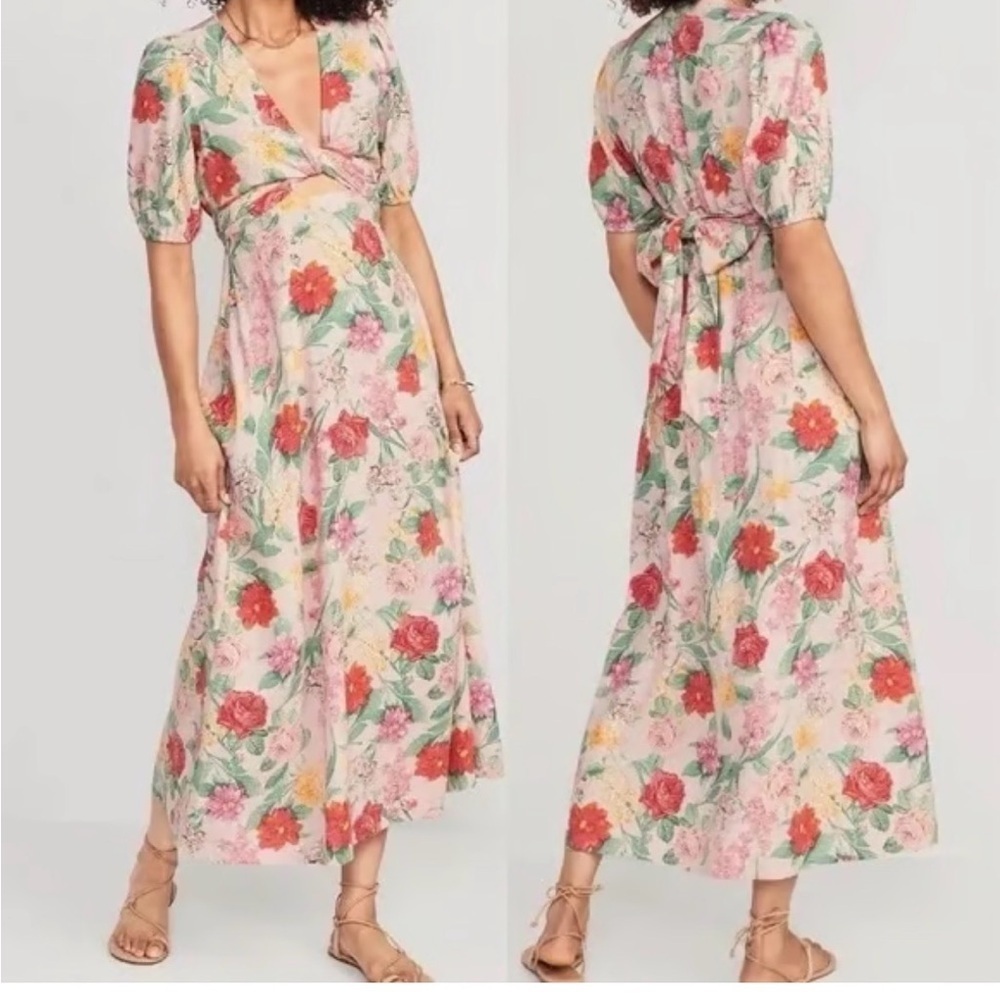 Old Navy Floral Cottagecore Maxi Dress XS Puff Sleeve Boho Tie Waist Coquette